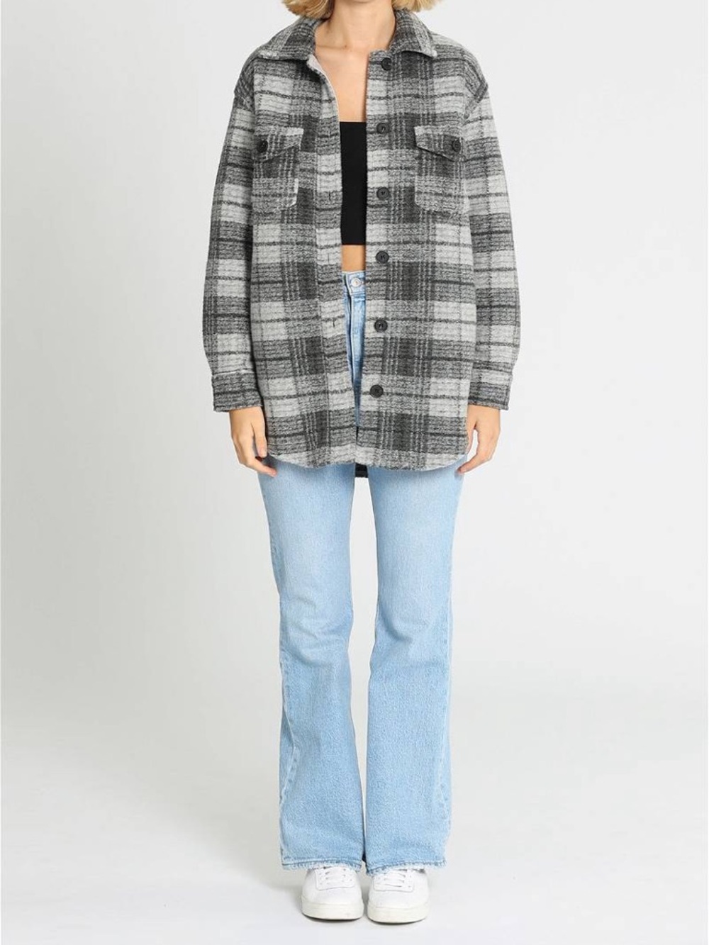 Joie Gray and Black Plaid Button-Down Shacket